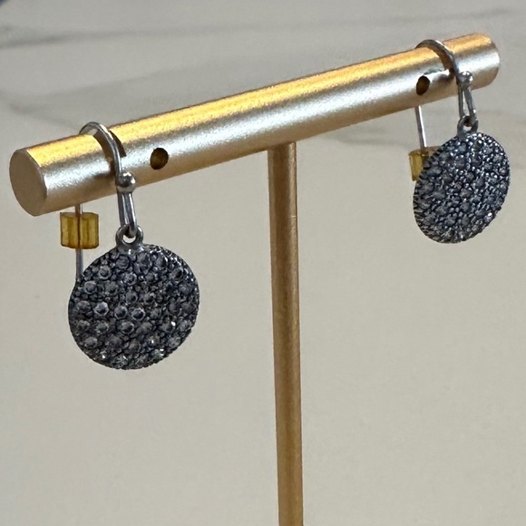 Unknown Jewelry - Silver Textured Disc Drop Earrings with Crystals